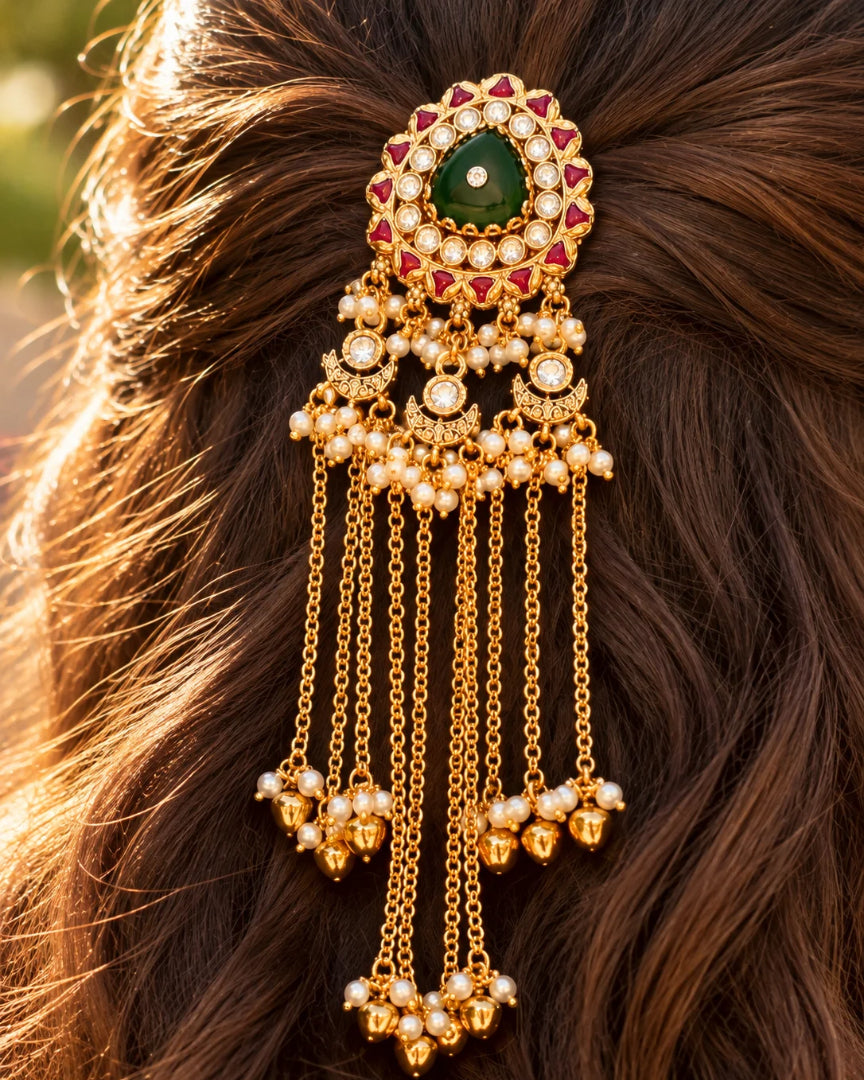 22K Micron Gold Plated Pearl Beaded Festive Hair Accessory with Floral Detail