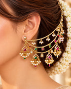 Traditional Brass 22K Micron Gold Plated Jadau Multilayer Earchain with Pearl Detailing