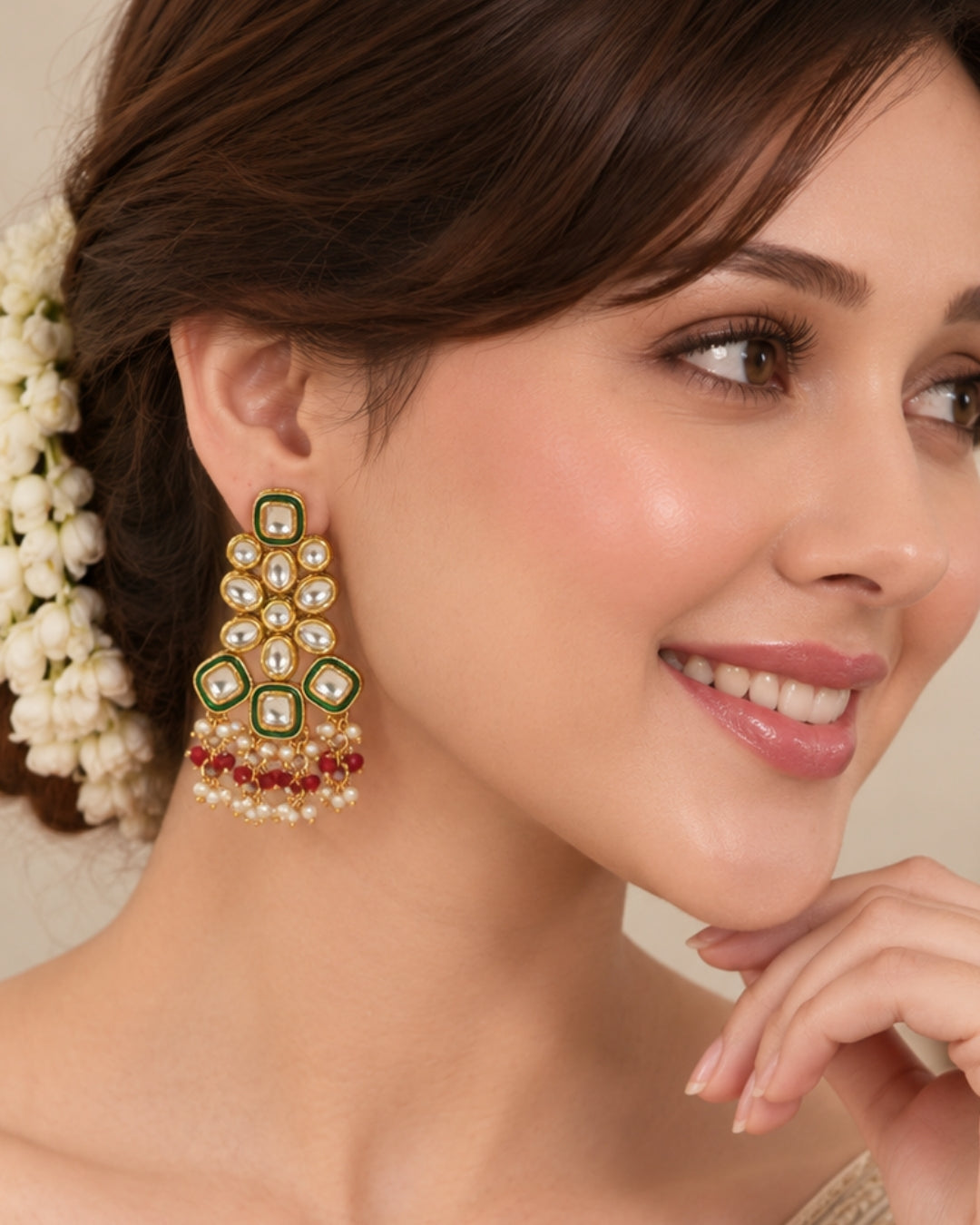 Floral Kundan Studded Drop Earrings with Beads