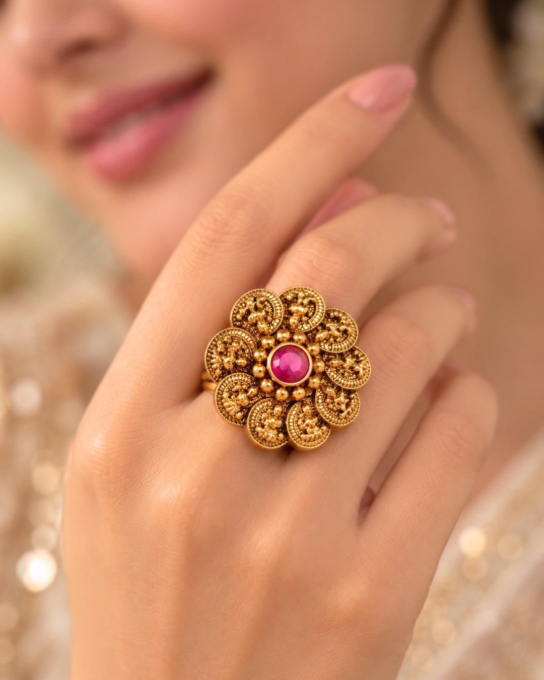Temple Gold Plated Ruby Laxmi Coin Adjustable Ring