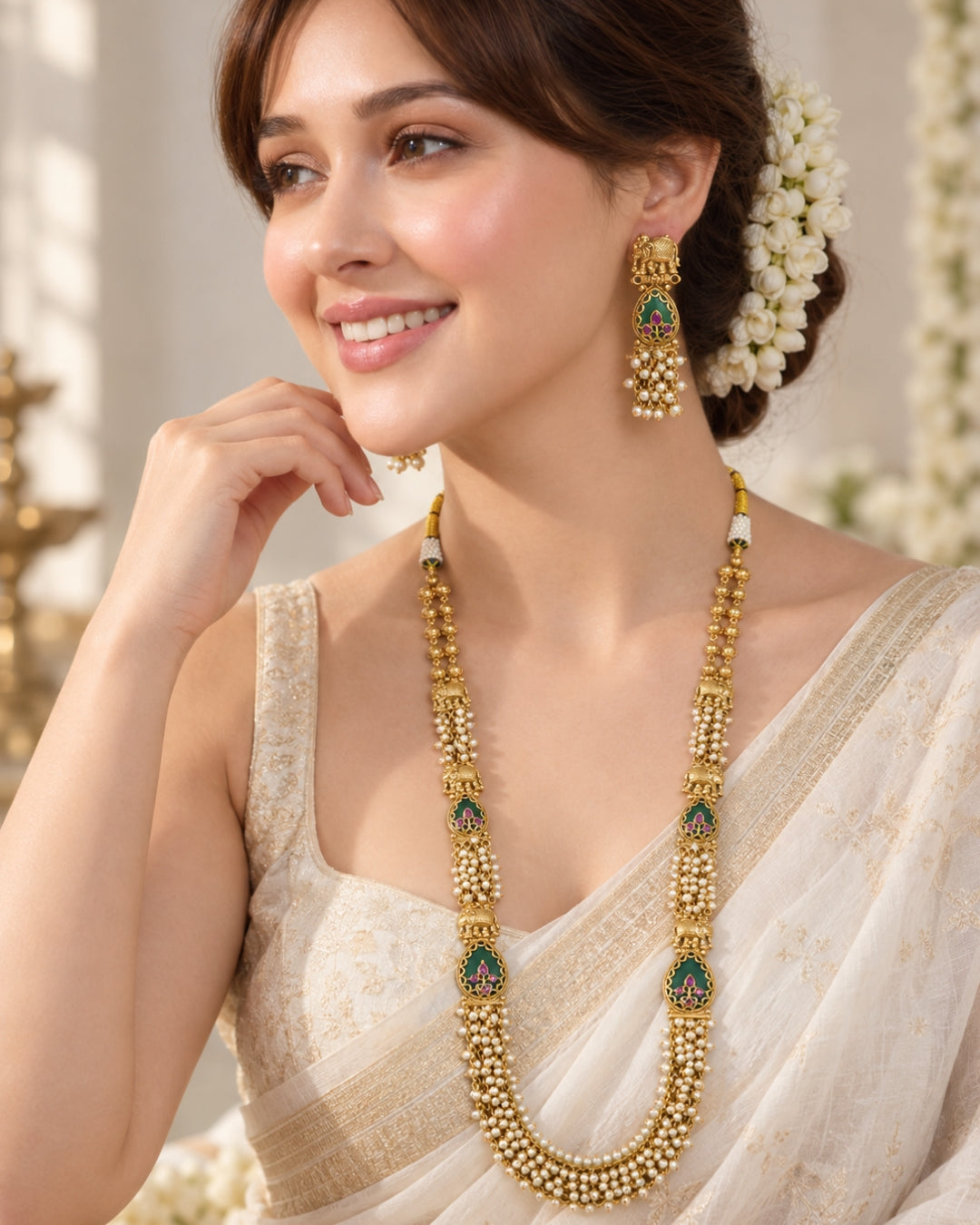 Emerald Elephant Motif Antique Gold Plated Long Necklace Set