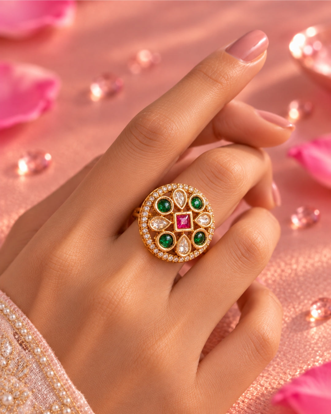Round AD Multicolour Stone Gold-Plated Ring