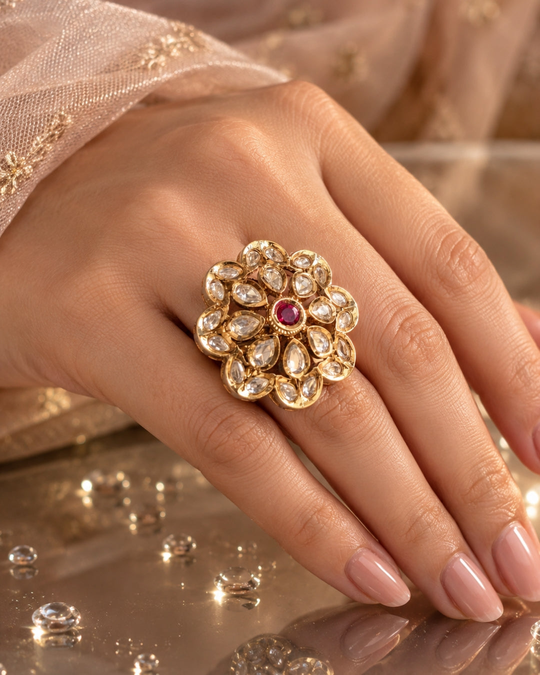 Floral Kundan Studded Gold-Plated Red Stone Ring