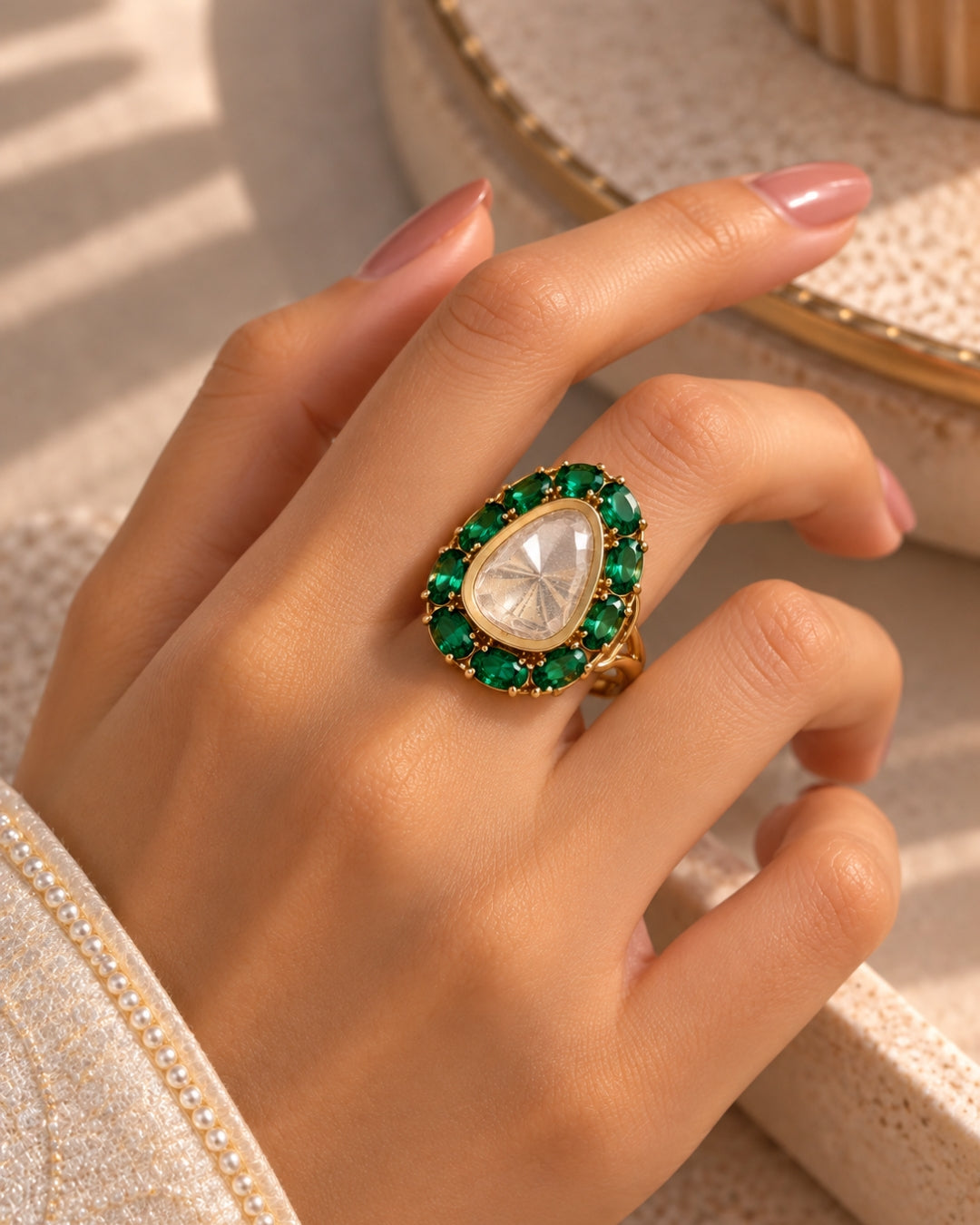 Kundan & Emerald Studded Gold-Plated Adjustable Ring