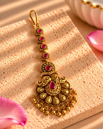 Gold-Plated Ruby Studded Golden Beads Maang Tikka