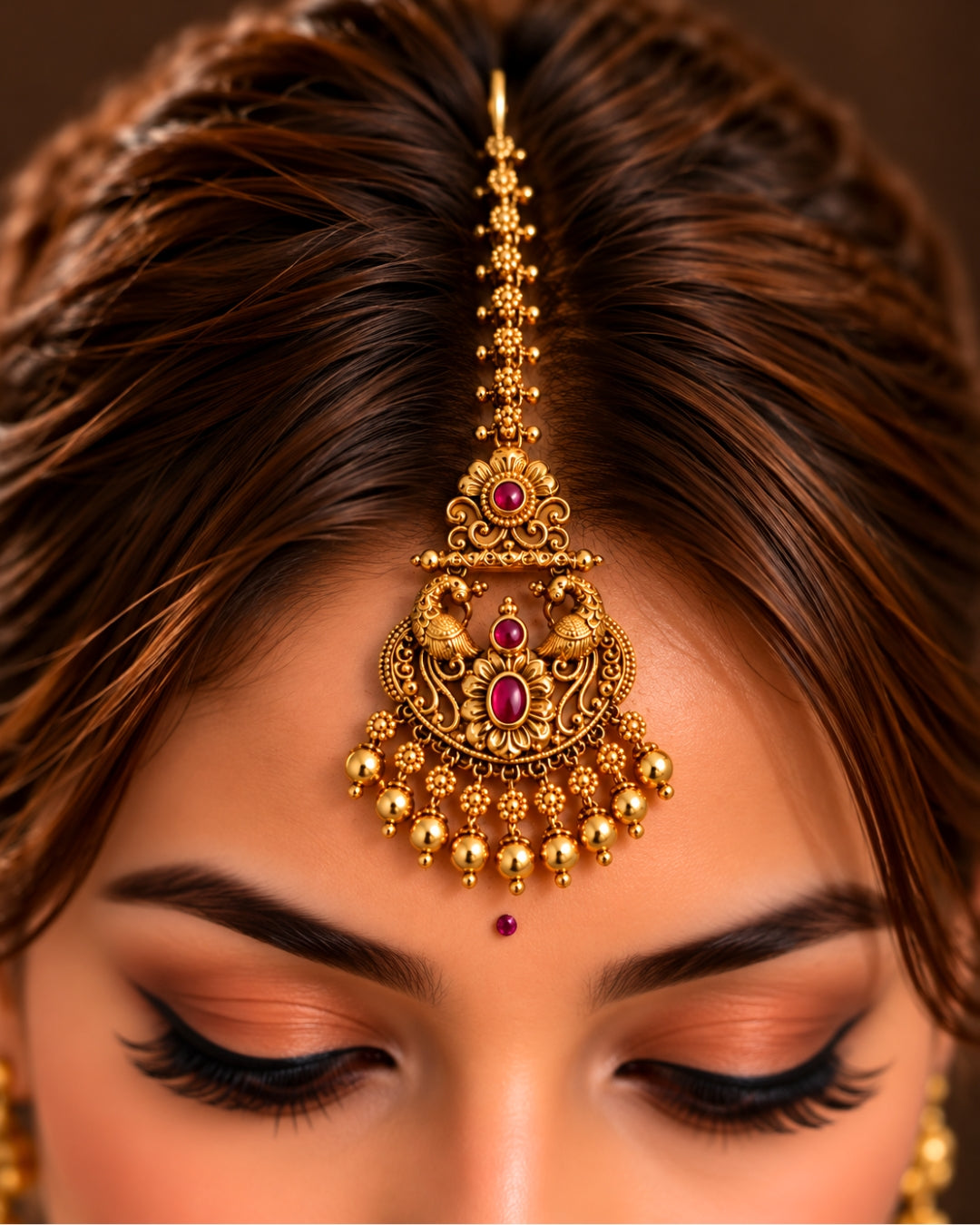 Peacock Design Golden Beaded Stone Maang Tikka