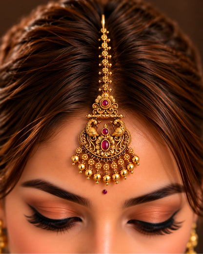 Peacock Design Golden Beaded Stone Maang Tikka