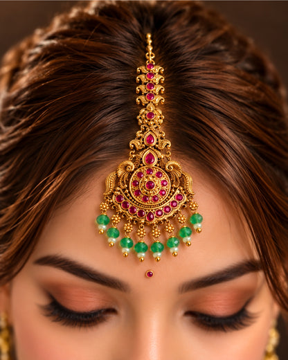 Traditional Gold-Plated Green Beaded & Red Stone Maang Tikka