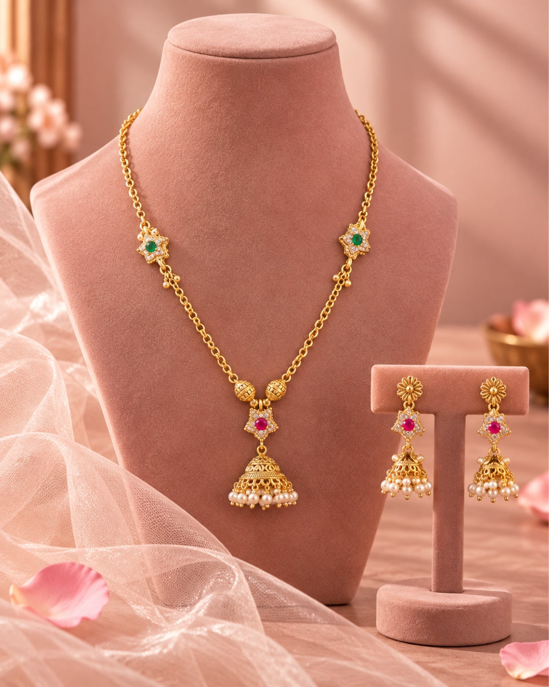 Green & Red Star Chain Jhumka Jewellery Set
