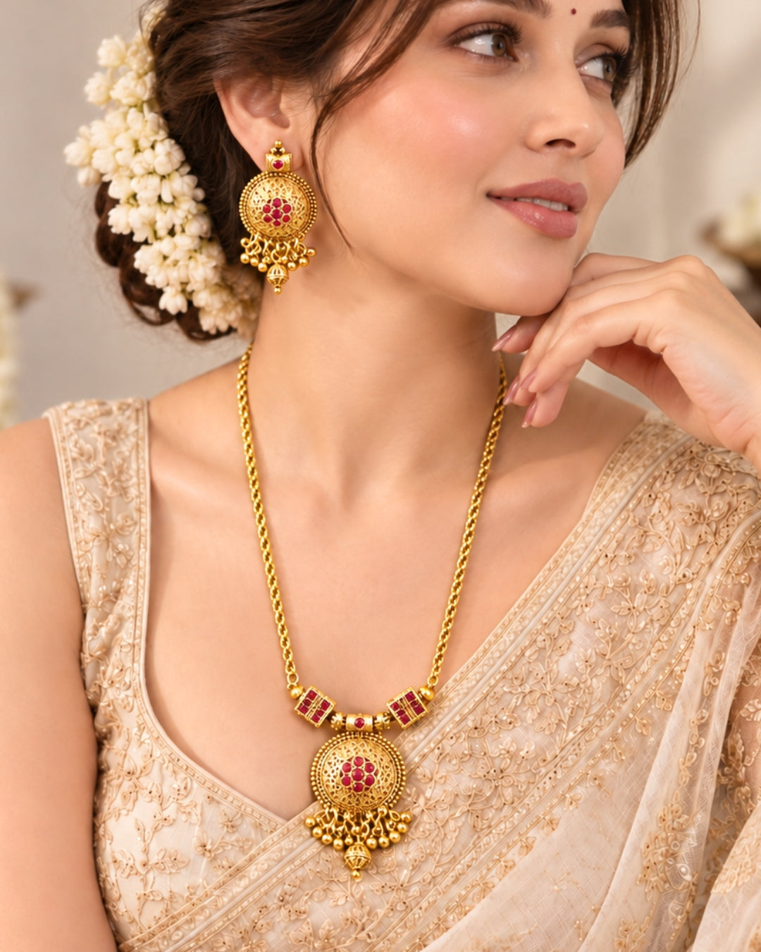 Gold Round Pink Stone & Beaded Pendant Necklace Set