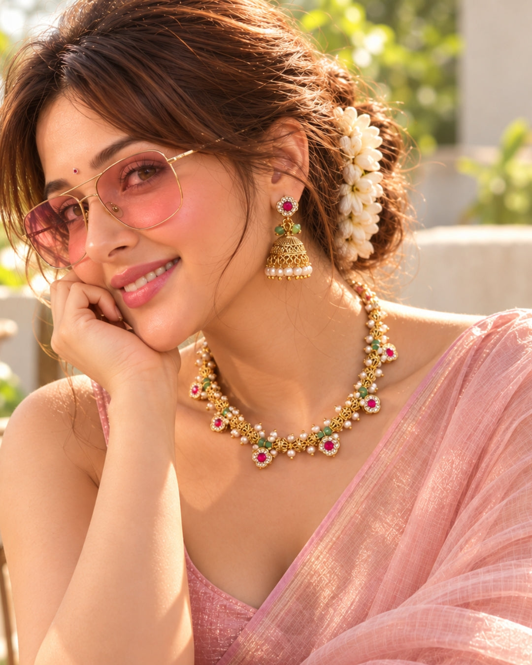 Golden & Mint Green Beaded AD & Ruby studded necklace set with Jhumka