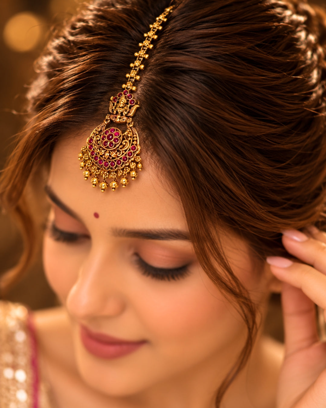 Temple Gold plated Red stone Maang Tikka