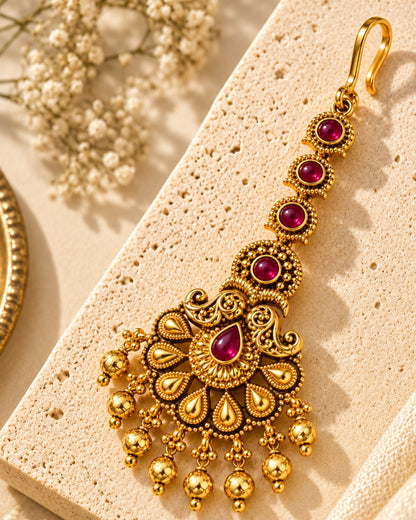 Gold-Plated Ruby Studded Golden Beads Maang Tikka
