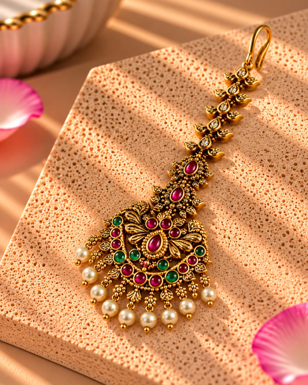 Red & Green studded with beads Gold plated Maang Tikka