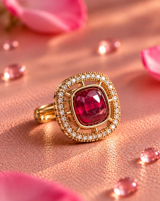 Square AD & Centre Ruby Studded Adjustable Ring