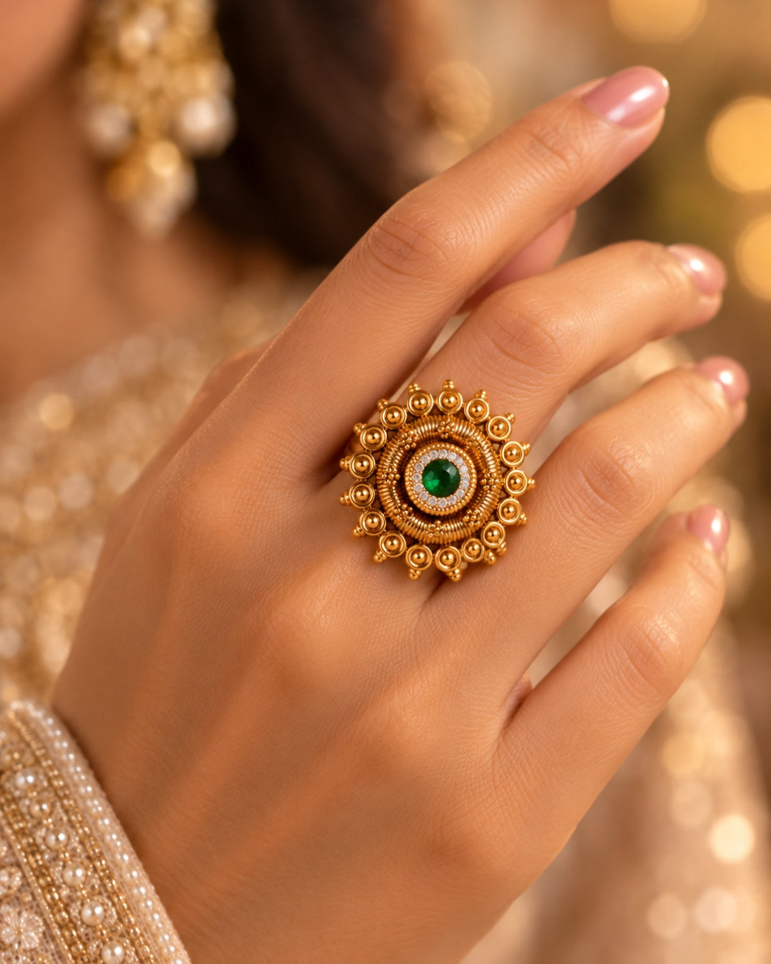 Gold Plated Emerald & AD Studded Floral Ring