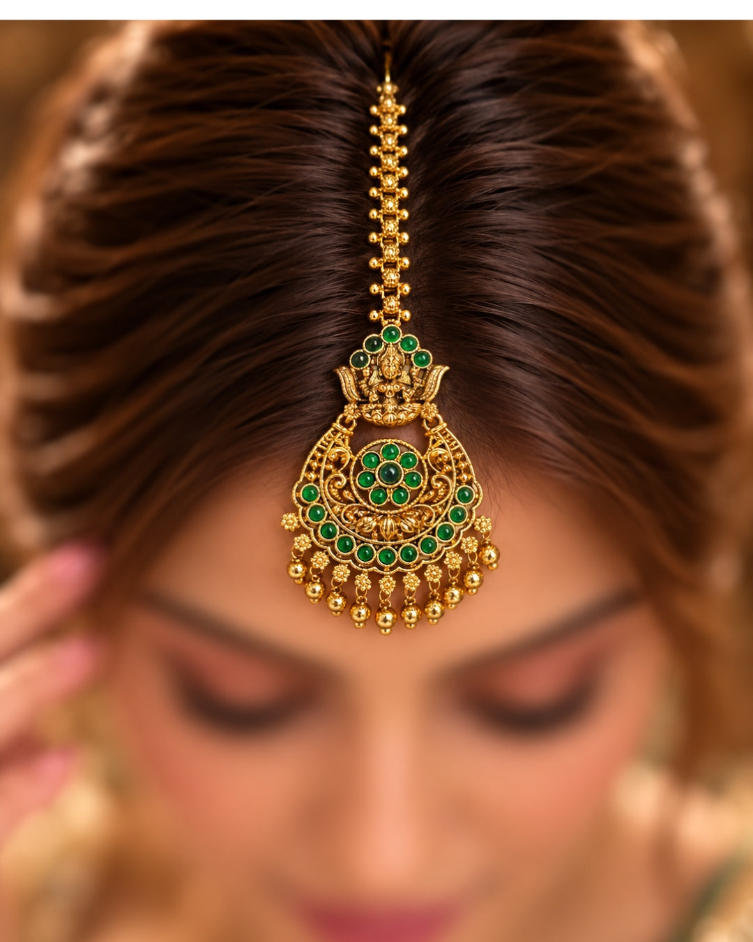 Temple Gold Plated Green Stone Maang Tikka