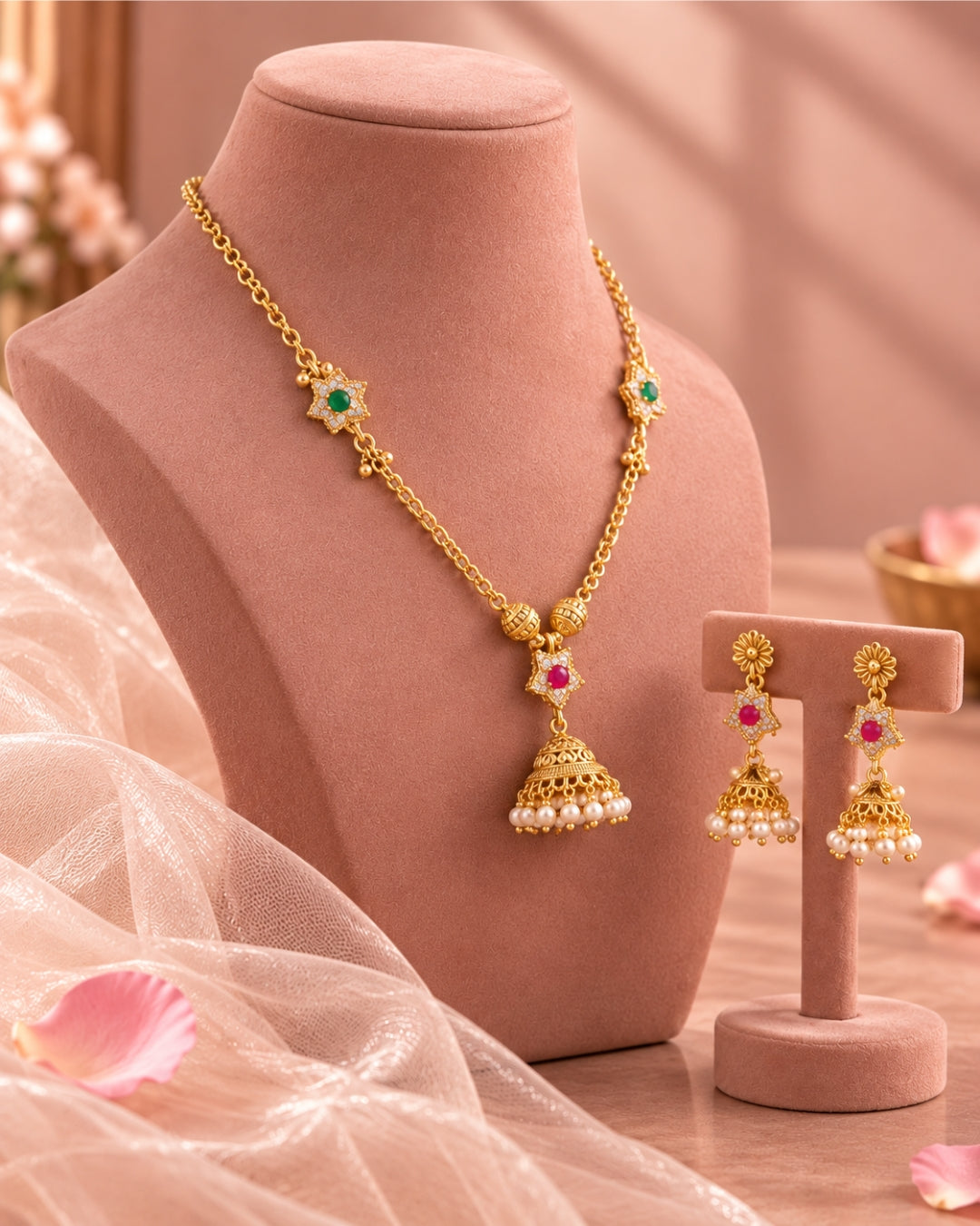 Green & Red Star Chain Jhumka Jewellery Set