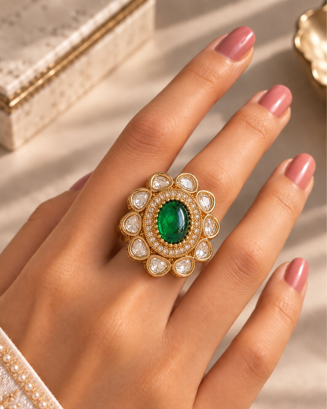 Oval Kundan Gold-Plated Green Stone & AD Ring