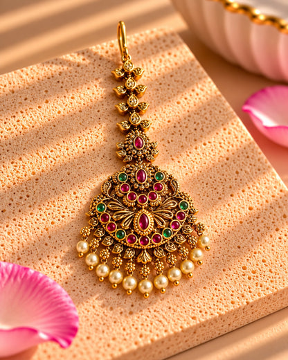 Red & Green studded with beads Gold plated Maang Tikka