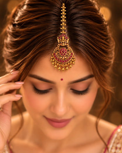 Temple Gold plated Red stone Maang Tikka