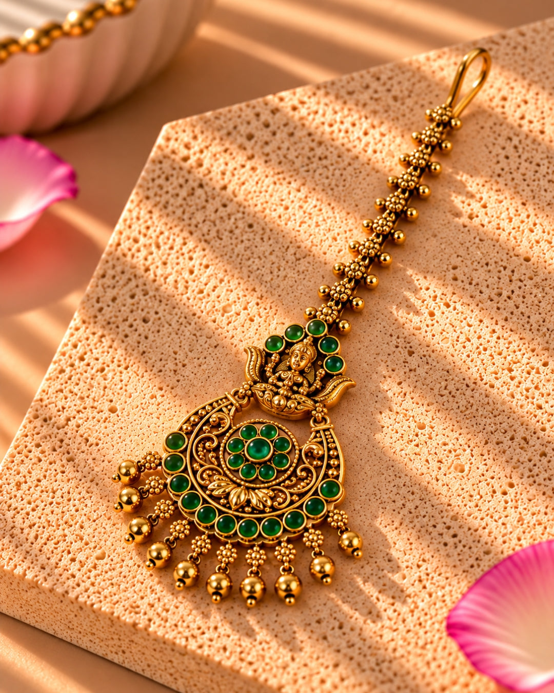 Temple Gold Plated Green Stone Maang Tikka