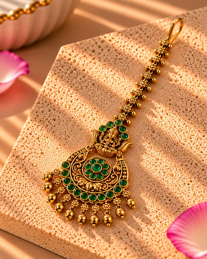 Temple Gold Plated Green Stone Maang Tikka