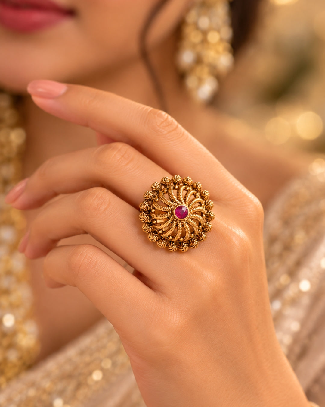 Gold Plated Ruby Studded Adjustable Ring