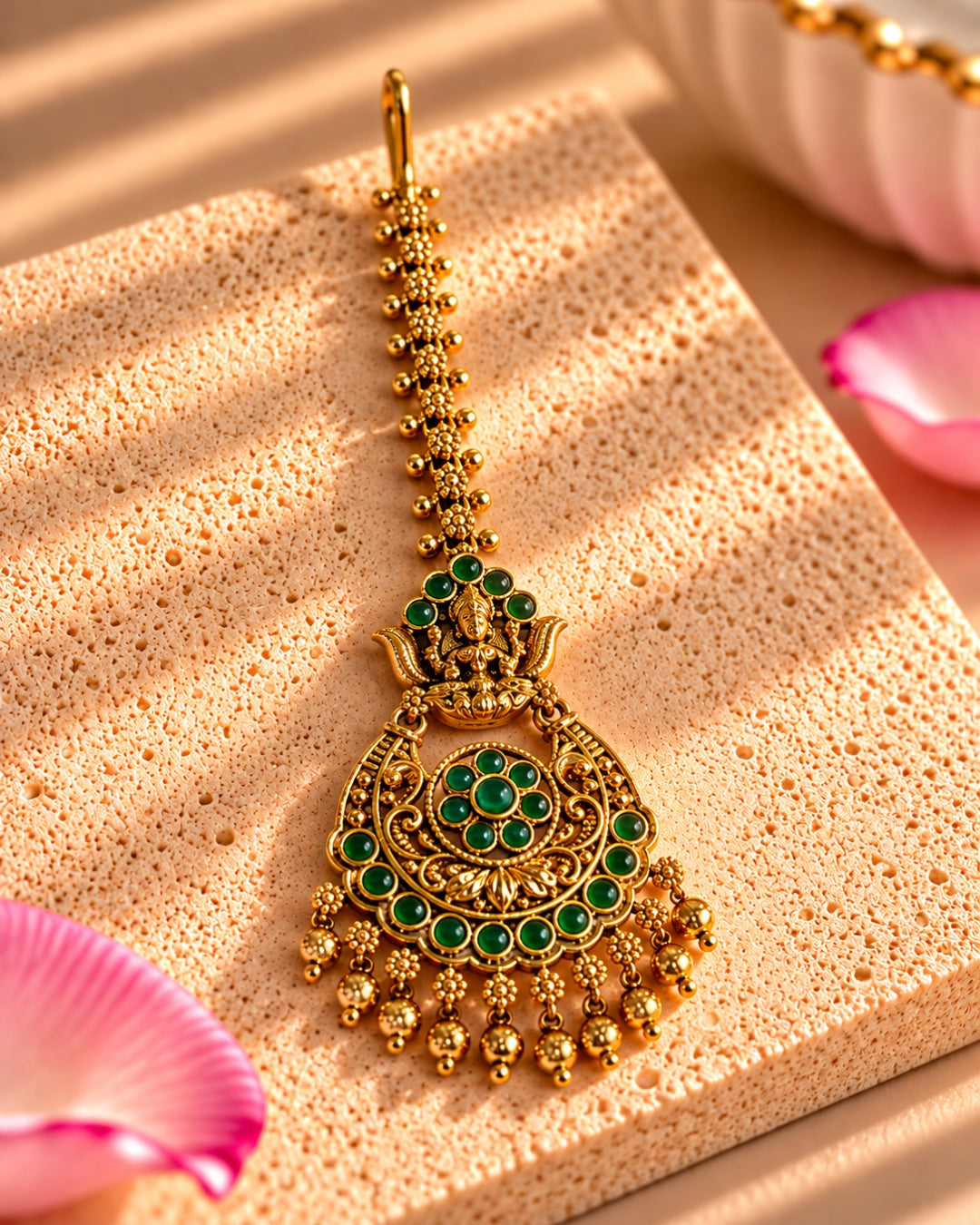 Temple Gold Plated Green Stone Maang Tikka