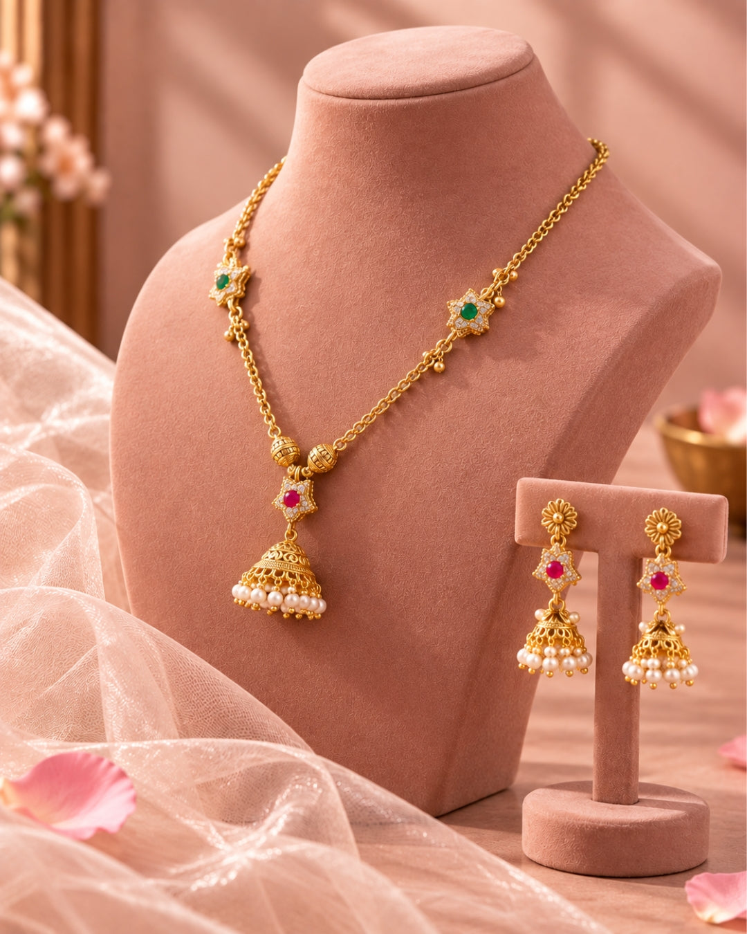 Green & Red Star Chain Jhumka Jewellery Set