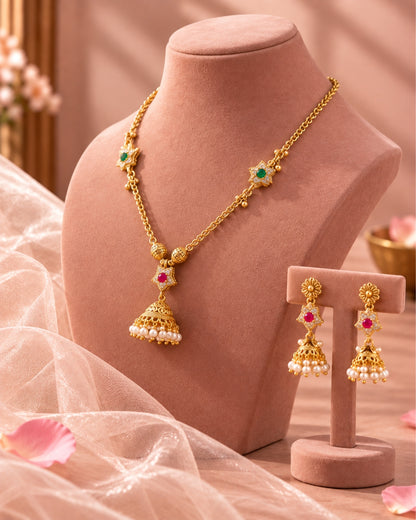 Green & Red Star Chain Jhumka Jewellery Set