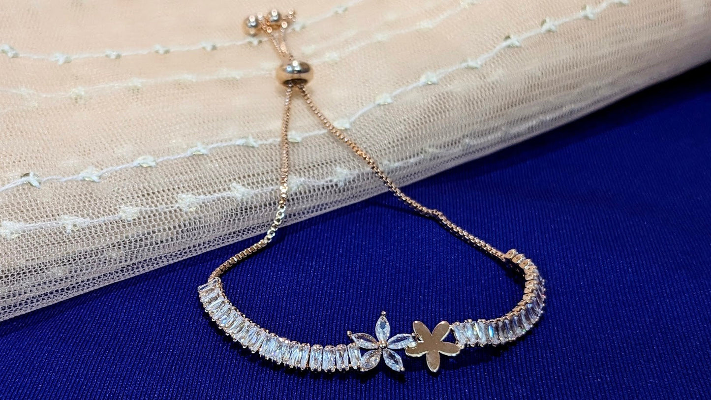 PRIMA DONNA SERIES - 5A Zirconia Flower with Cubic 5A Zirconia String Rose Gold Plated Brass Chain Bracelet