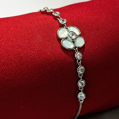 PRIMA DONNA SERIES - Rhodium Plated Brass Chain Bracelet with Flower shaped Mother of Pearl and 5A Zirconia