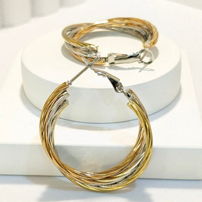 Rhodium, 18k Gold and Rose Gold Plated - All in One Twisted Circular Hoop Earring