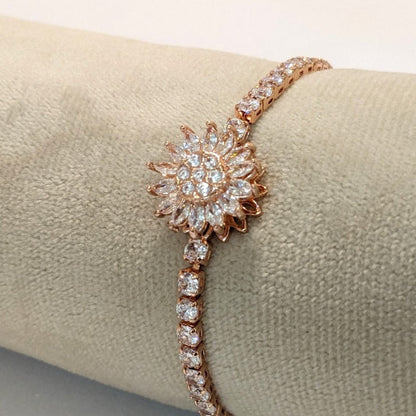 PRIMA DONNA SERIES - 5A Zirconia Revolving Flower with Linear Cubic 5A Zirconia String Rose Gold Plated Brass Chain Bracelet