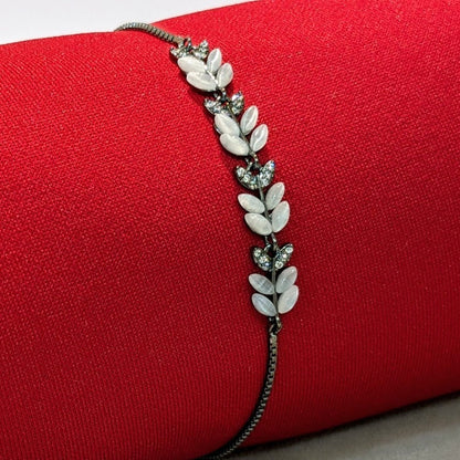 PRIMA DONNA SERIES - Leaf shaped White stones and 5A Zirconia Oxidized Brass Chain Bracelet