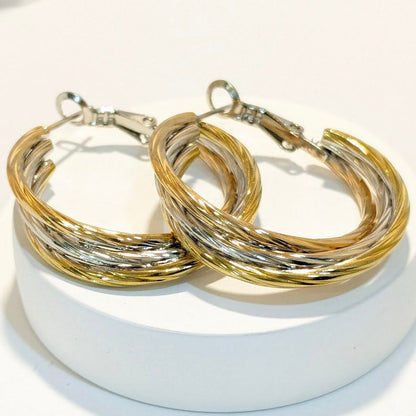 Rhodium, 18k Gold and Rose Gold Plated - All in One Twisted Circular Hoop Earring