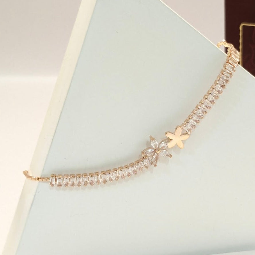 PRIMA DONNA SERIES - 5A Zirconia Flower with Cubic 5A Zirconia String Rose Gold Plated Brass Chain Bracelet