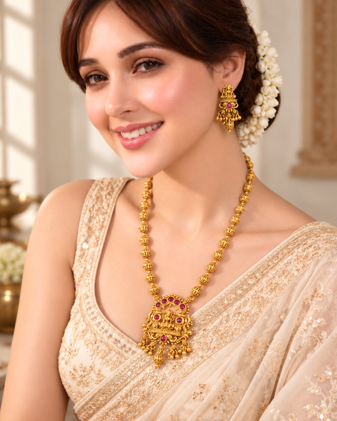 Rubby Studded Laxmi Pendant Temple Set