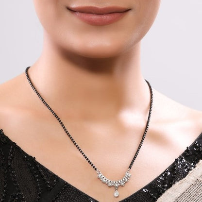 American Diamond Studded Drop Linear Pendant Single Chain Rhodium Plated Mangalsutra