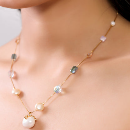 American Diamond Studded Large Pearl with Multicolor Crystals Single Layer Chain Necklace Set with Drop Pearl Earrings