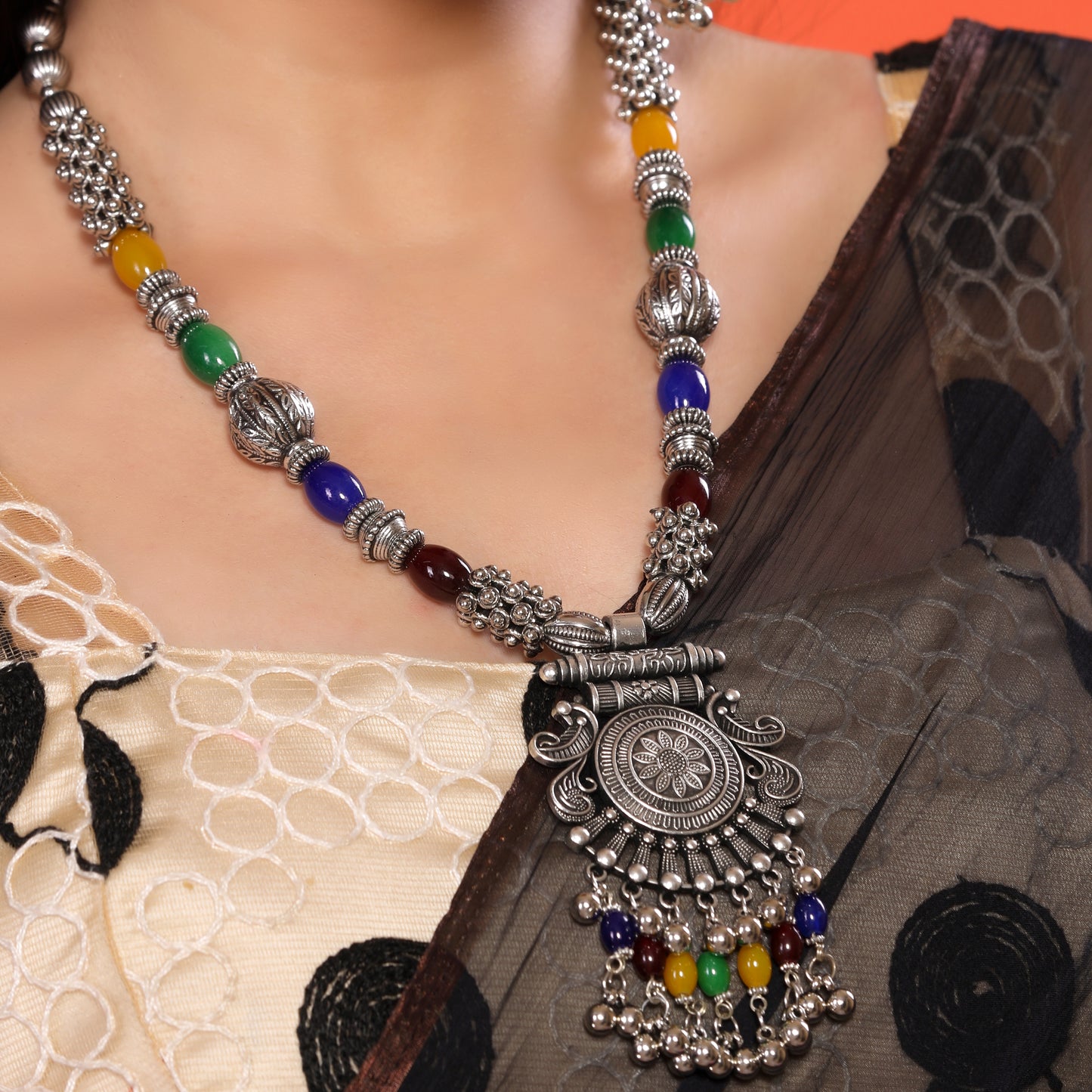 Multicolour Crystal Beaded Chandbala Pendant Silver Oxidized Necklace Set with Dangler Earrings