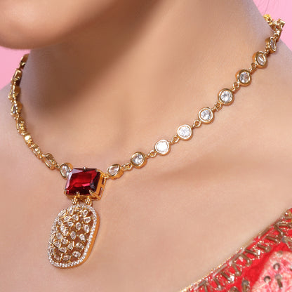 Indo-Western Cum Traditional Brass Pendant Chain Necklace Set Studded with Zirconia, Crystals and Statement Bold Red Crystal with Stud Earrings