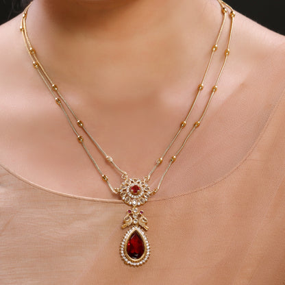 Zirconia Studded Bold Red Crystal Drop Double Chain Pendant Necklace Set with Drop Earrings in Brass