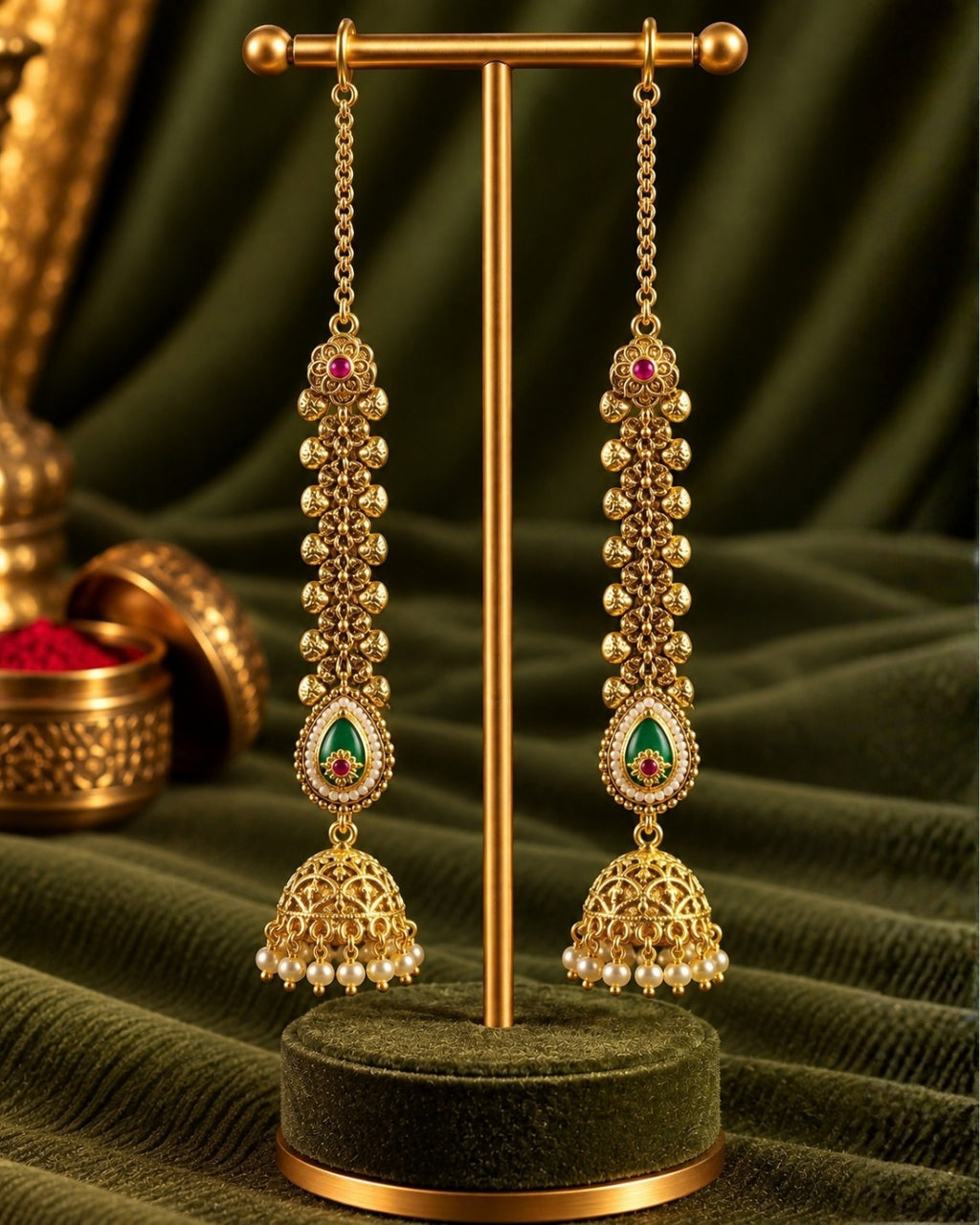 Women Brass 22K Micron Gold Plated Rajwadi Drop Shaped Green Stone Chain Jhumka Earrings