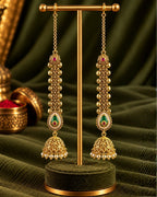 Women Brass 22K Micron Gold Plated Rajwadi Drop Shaped Green Stone Chain Jhumka Earrings