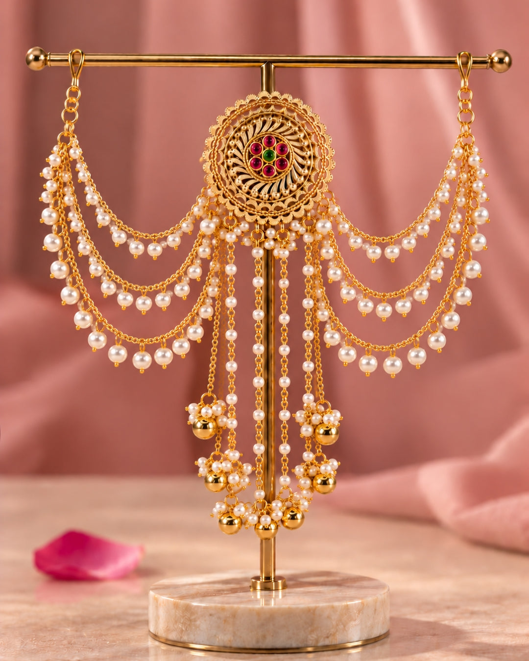 22K Gold Plated Pearl Beaded Hair Accessory with Floral Detail