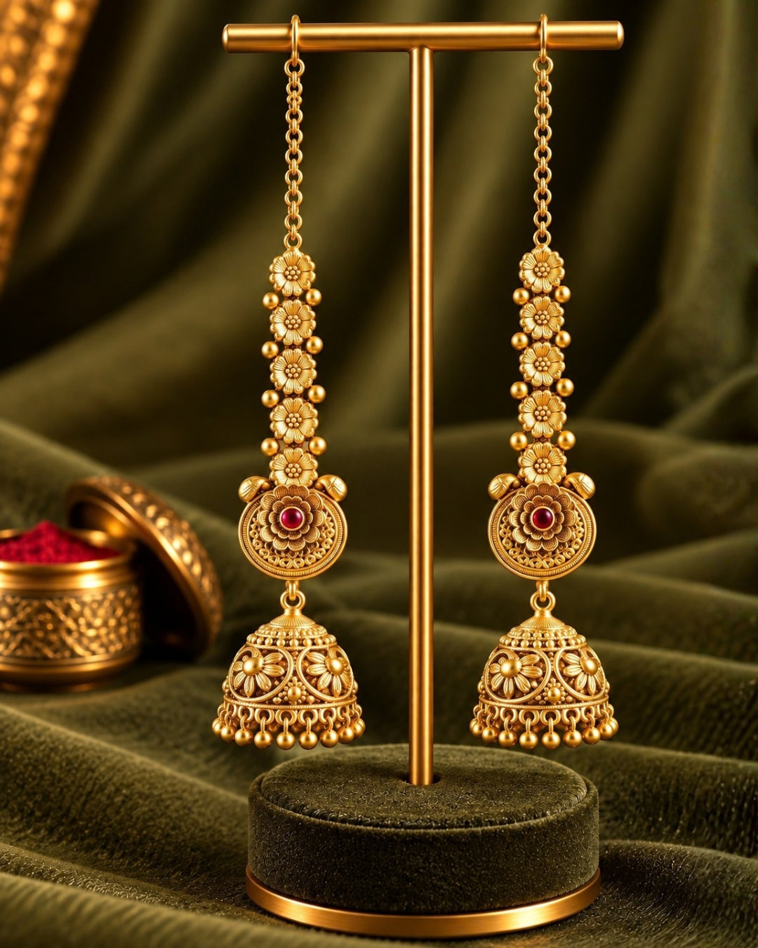 Women Traditional Brass 22K Micron Gold Plated Chain Jhumka Earrings