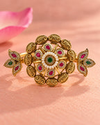 Brass Gold Plated Jadau Leafy Double FInger Ring