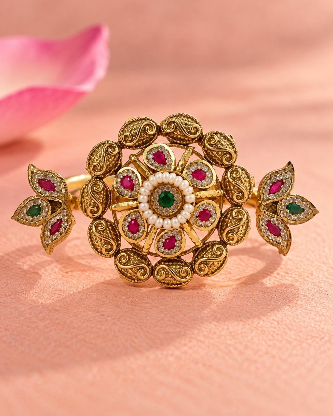 Brass Gold Plated Jadau Leafy Double FInger Ring